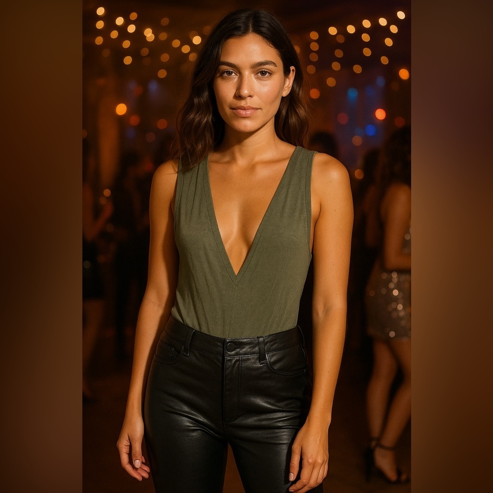 Honey Punch Olive Green V Neck Bodysuit Top Size Small